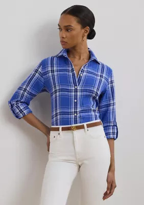 Lauren Ralph Lauren Women's Classic Fit Plaid Linen Shirt, Blue, Large | Belk