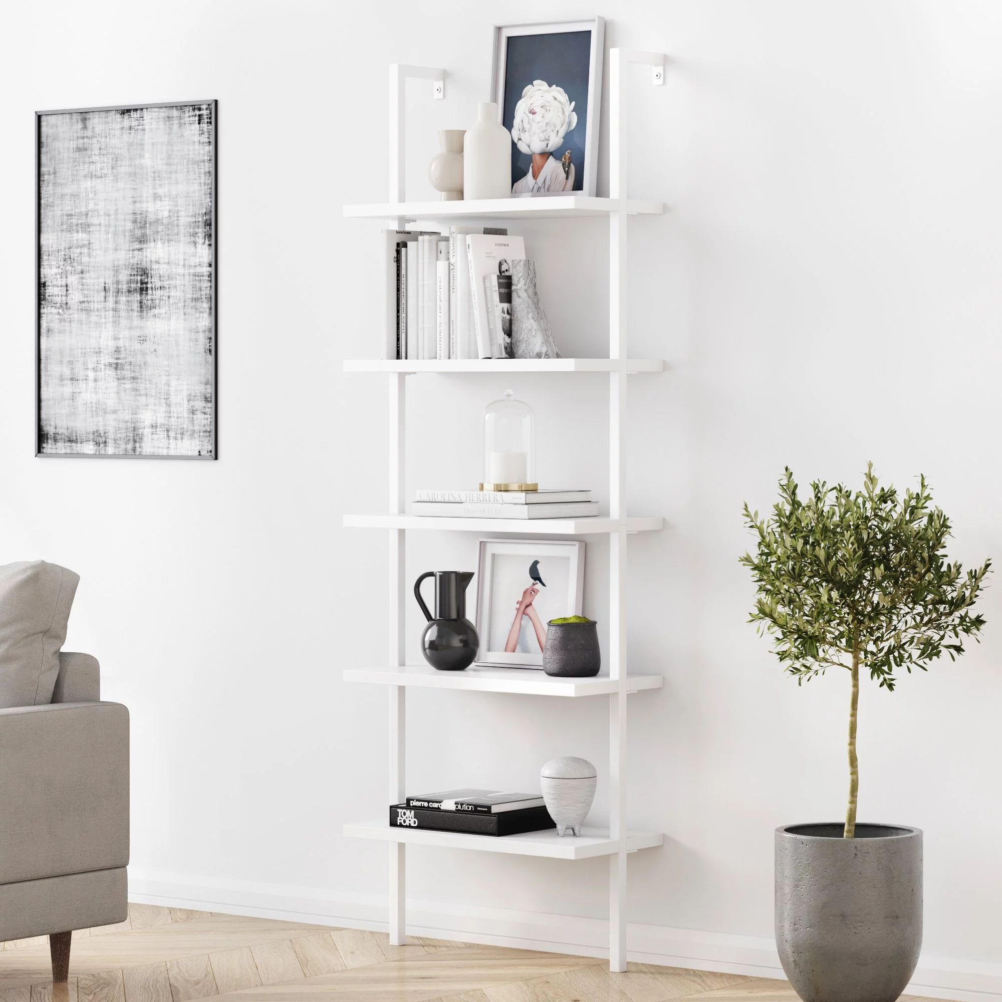 Nathan James Theo Industrial 5-Shelf White Ladder Bookcase with White Open Shelves and White Meta... | Walmart (US)