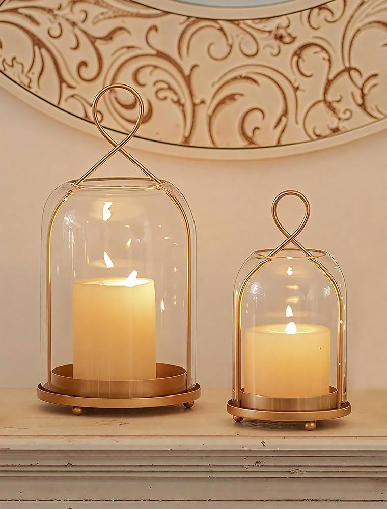NUPTIO Glass Lanterns Decorative Outdoor: Gold Hurricane Candle Holders for Pillar Candles - Set of 2 Hanging Lantern for Home Thanksgiving Christmas Party Centerpiece | Amazon (US)