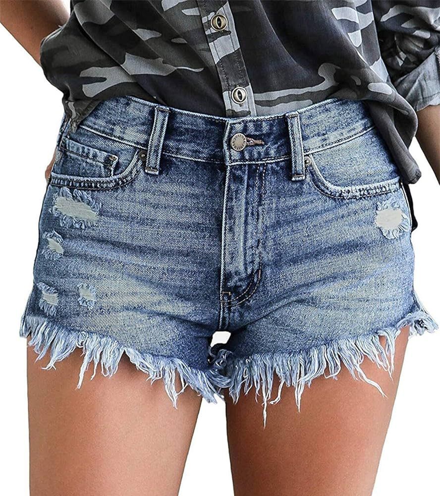 onlypuff Women's Ripped Mid Waisted Denim Shorts with Pockets | Amazon (US)
