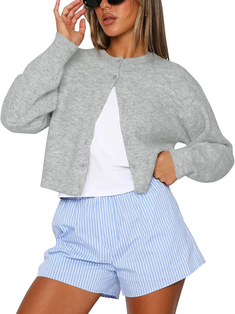 Balimtoy Women's Cropped Cardigan Sweaters Long Sleeve Button Down Sweaters Knit Cardigan Cute Y2... | Amazon (US)