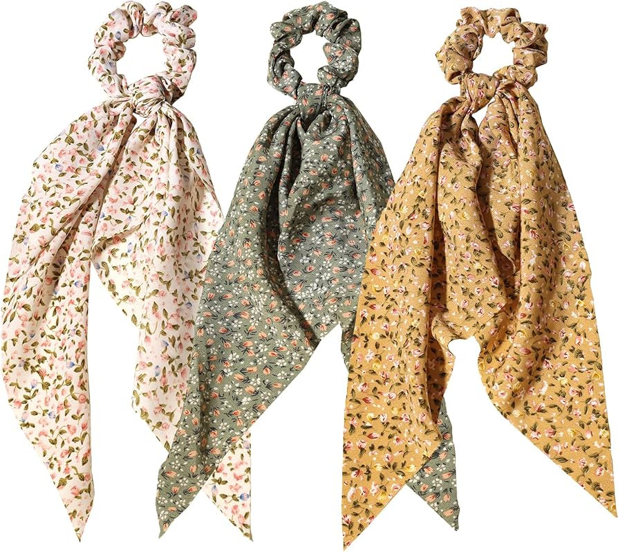 3pcs Women Ribbon Scrunchies Bow Knotted Classic Floral Pattern Hair Ties Vintage Bunny Ear Ponyt... | Amazon (US)