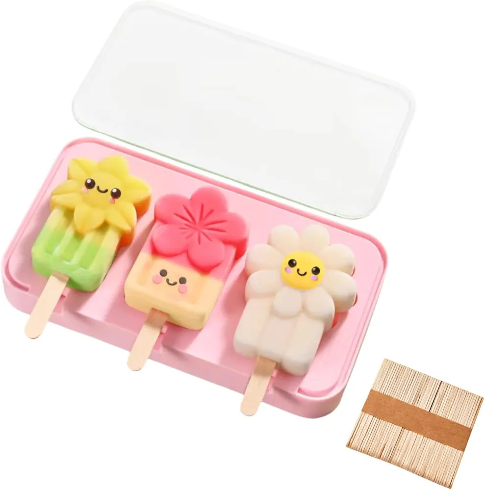Silicone Small Popsicles Molds with 50 Wooden Sticks, Easy-release Cute Flower Homemade Ice Pop M... | Amazon (US)