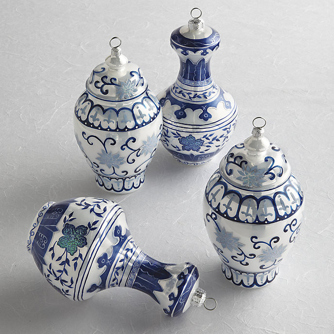 Frosted French Blue Ornament Collection with Hand-Painted Chinoiserie Design & Glitter Accents | Frontgate