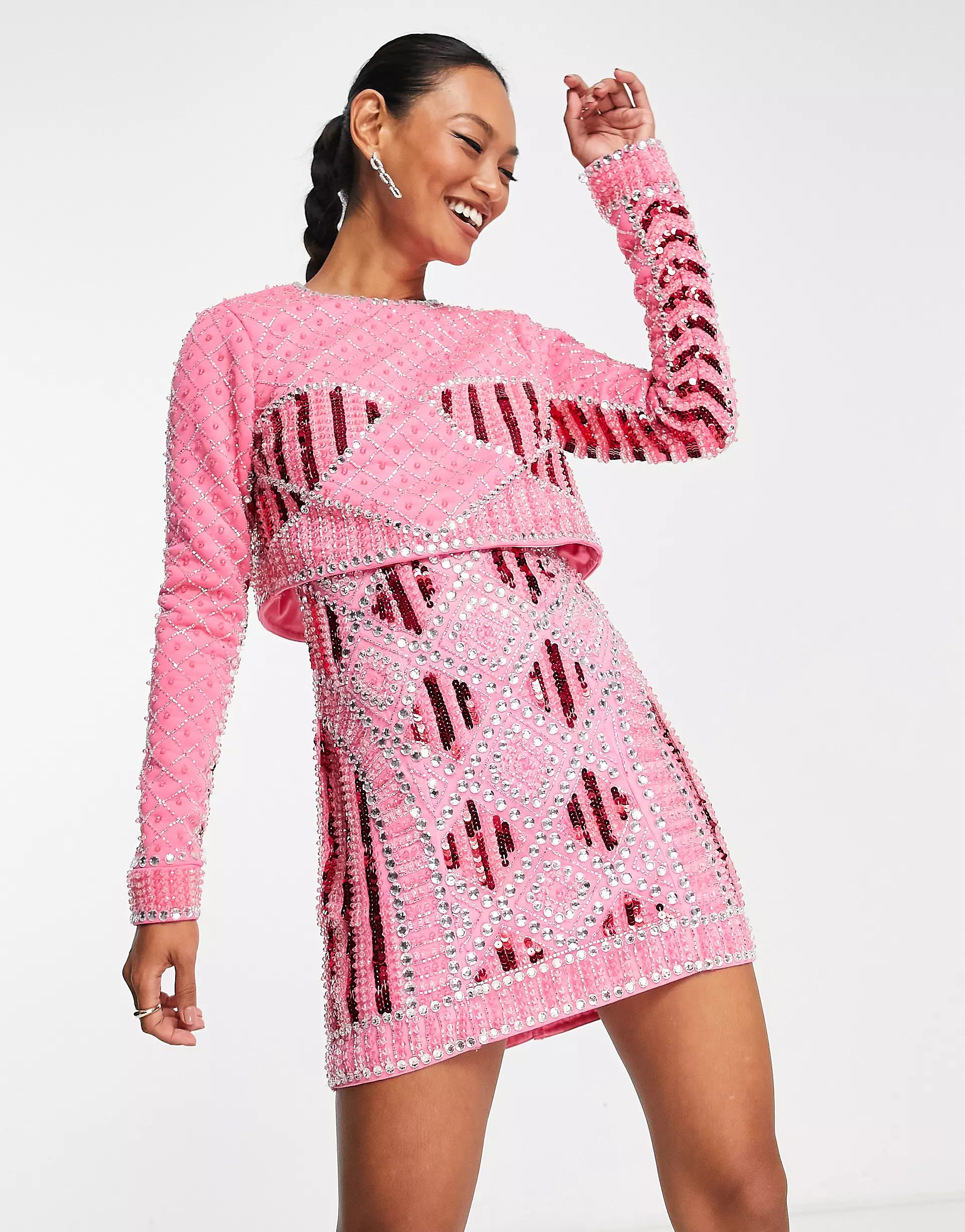 ASOS DESIGN 2 in 1 detachable embellished sequin mini dress in hot pink | ASOS (Global)
