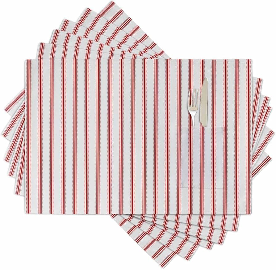 Red Striped Placemats Set of 6 for Dining Table, Woven Place Mats with Tableware Pocket, Red Whit... | Amazon (US)
