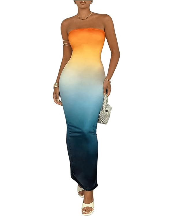 GORGLITTER Women's Ombre Tube Top Dress Bodycon Maxi Strapless Party Dresses | Amazon (US)