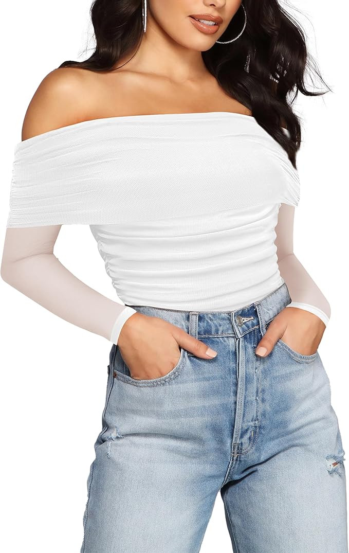 SAUNGKUAI Women's Off The Shoulder Long Sleeve Bodysuit Sexy Slimming Body Suit Tops Sheer Mesh R... | Amazon (US)