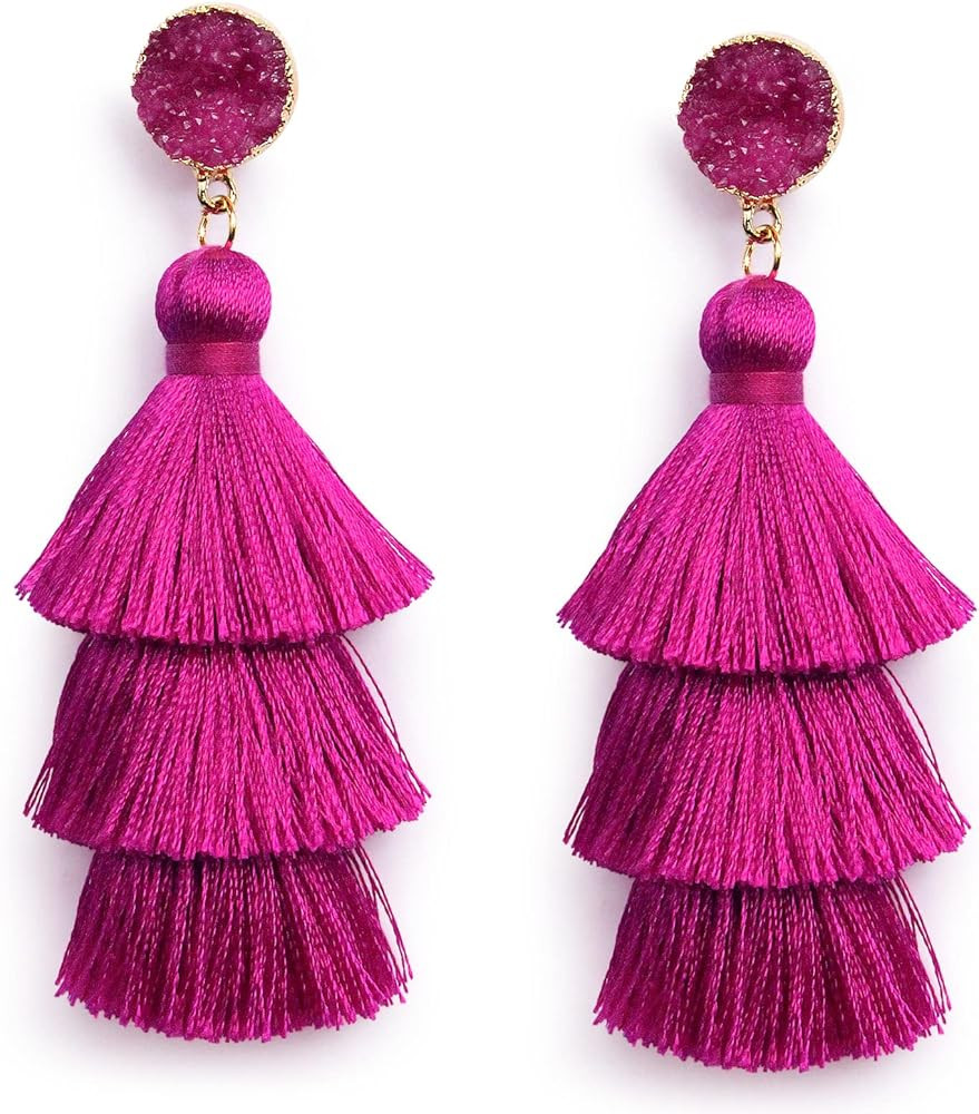 Me&Hz Colorful Layered Tassel Earrings Bohemian Tiered Tassel Druzy Stud Dangle Drop Earrings for Wo | Amazon (US)
