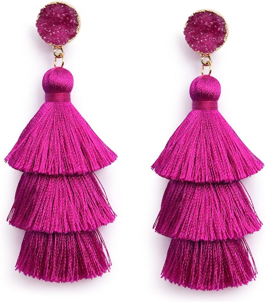 Me&Hz Colorful Layered Tassel Earrings Bohemian Tiered Tassel Druzy Stud Dangle Drop Earrings for Wo | Amazon (US)