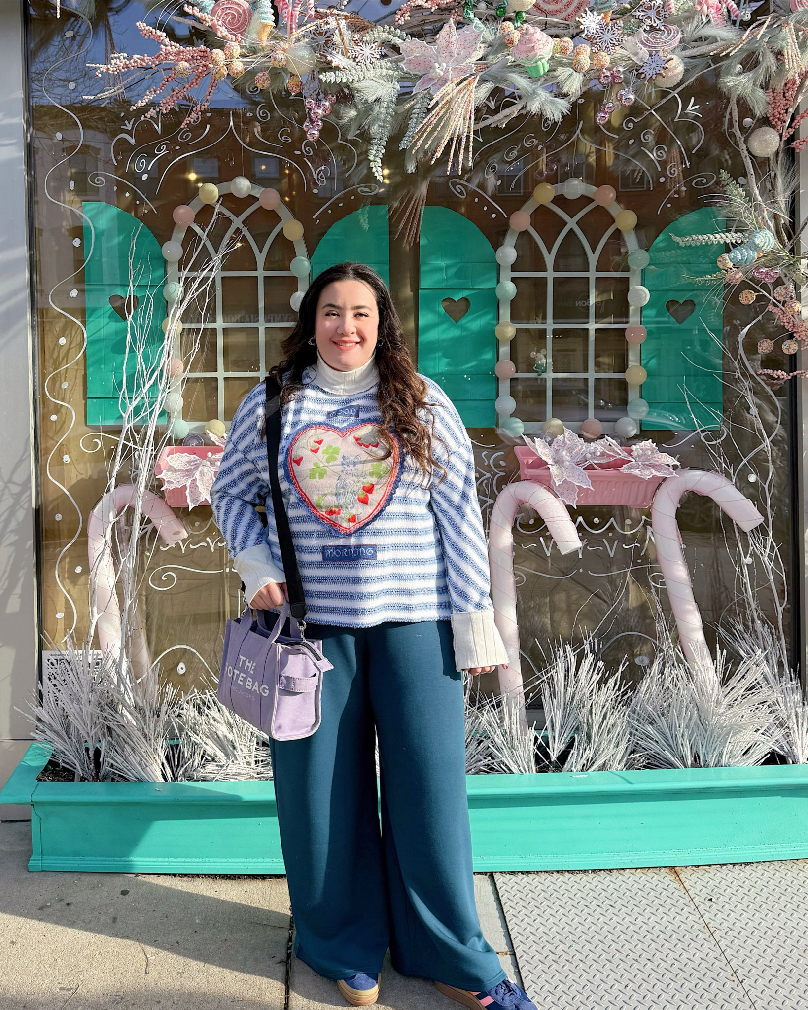 Cat sweater, blue and white striped sweater, wide leg pants, air essentials pants, gazelle platform sneakers, Marc Jacobs tote bag, casual outfit, travel outfit 

#LTKItBag #LTKMidsize #LTKSeasonal