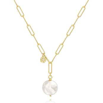 18k Gold Plated Chain Link Necklace for Women, Baroque Pearl/Compass Pendant Necklace | Amazon (US)