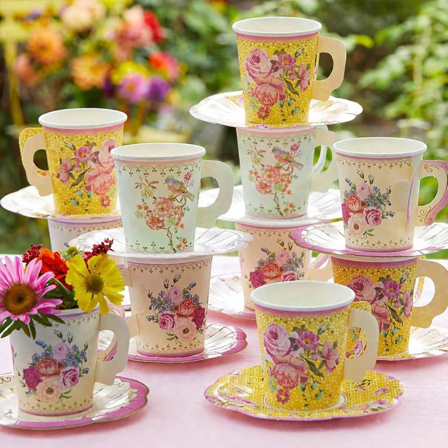 Talking Tables 24 x Vintage Floral Paper Tea Cups & Saucer Set, Disposable Tea Cups for Easter, A... | Amazon (US)
