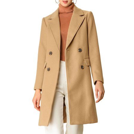 Unique Bargains Women's Double Breasted Belted Pocket Long Jacket Pea Trench Coat XS (US 2) Khaki | Walmart (US)