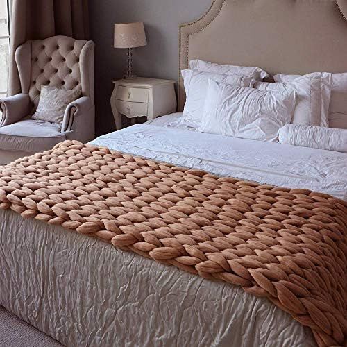 Chunky Knit Blanket Merino Wool Hand Made Throw Boho Bedroom Home Decor Giant Yarn,Light Brown,40... | Amazon (US)