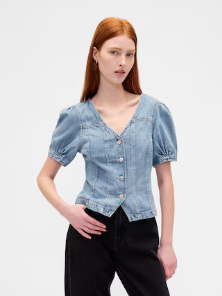 Denim Puff-Sleeve Seamed Top | Gap (US)