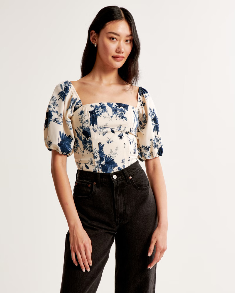 Puff Sleeve Crepe Squareneck Top | Abercrombie & Fitch (US)