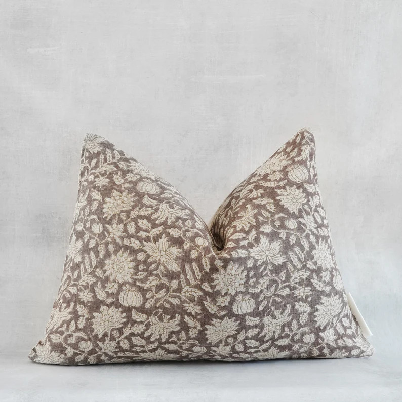 Lumbar Pillow cover 14x20 | Coffee Brown Throw Pillow Cover | Indian Hand Block Linen Pillow | Fl... | Etsy (US)