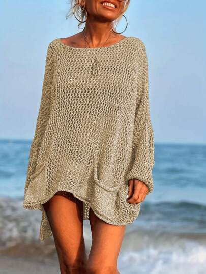 Plus Size Women's Sexy Hollow Out Loose Beach Cover Up, Long Sleeve Round Neck With Pockets Vacation | SHEIN