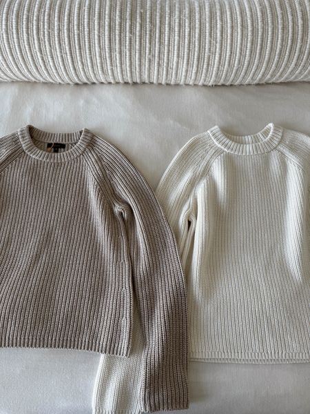 Quince cotton fisherman sweater versus Jenni Kayne's cotton fisherman sweater. Nearly identical. The fabric on the Quince sweater is tighter but could loosen over time. I've had my Jenni kayne fisherman sweater for 4-5 years, so there's wear. I would say, if. you want a roomy, relaxed sweater, size up in both of these. 

