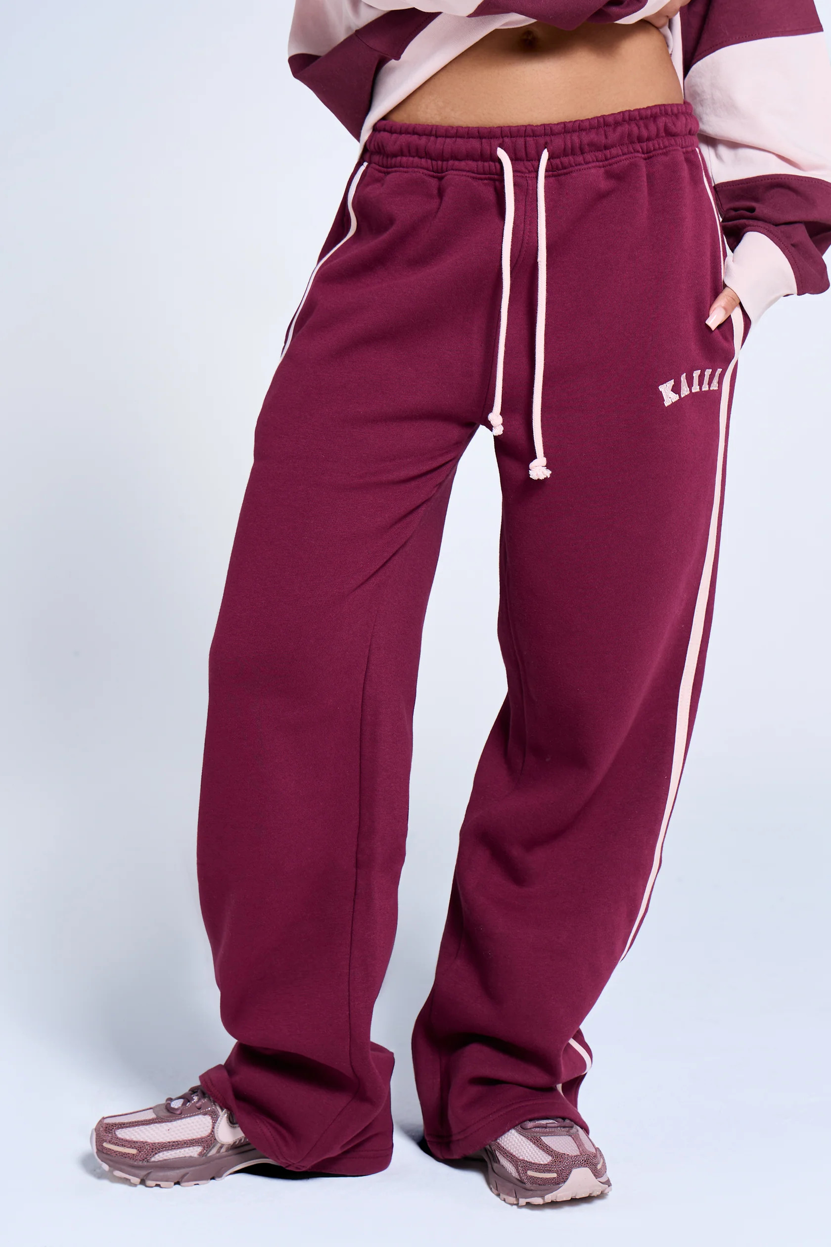 Kaiia Logo Side Stripe Wide Leg Joggers Burgundy & Pink Chai | Kaiia the Label
