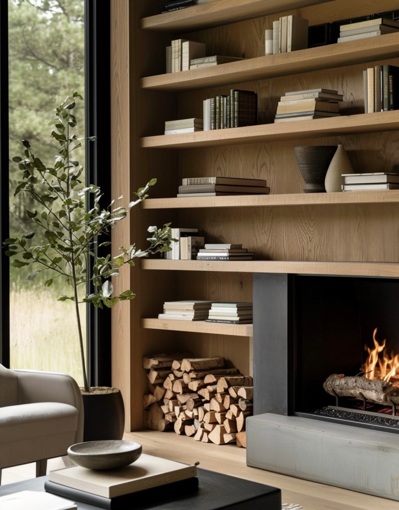 Create a warm and inviting atmosphere with a modern fireplace and custom built-in bookshelves. This living room features a beautiful, natural wood design and a large window to bring the outdoors in. Perfect for a relaxing evening at home. 🤎

#LTKSaleAlert #LTKSeasonal #LTKHome