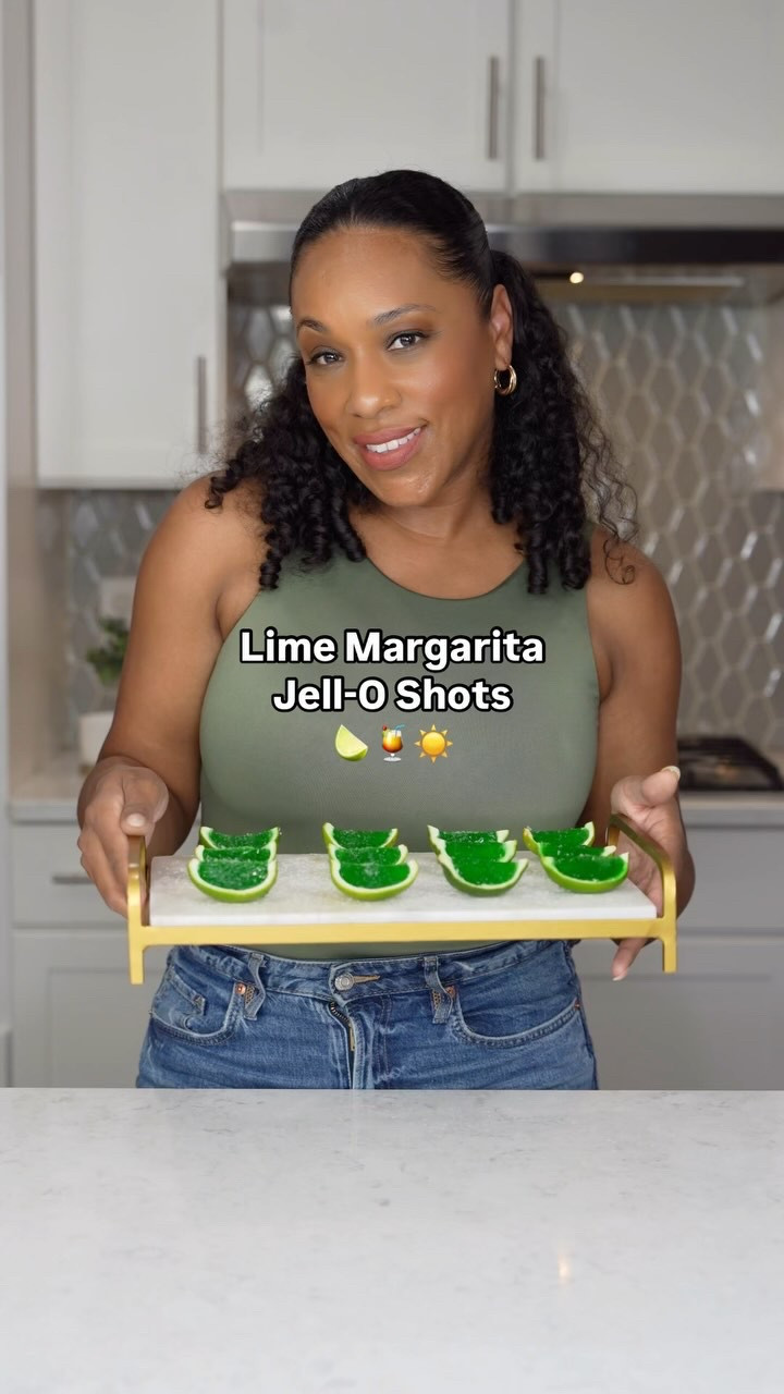 These lime margarita Jell-O shots are always a hit and so easy to make 🍋‍🟩🍹☀️

RECIPE:
– 2 boxes lime Jell-O
– 1 cup  limeade
– 1 tbsp lime juice
– 2 tbsp Grand Marnier
– 1 cup tequila (You can add a little more if you want a stronger shot — just don’t overdo it or they won’t set)
– 7 limes (makes 28 wedges)
– Margarita salt (optional)

Heat limeade and gelatin on low until the gelatin is dissolved. Then add in the tequila, grand mariner and lime juice. Pour the mixture in the empty lime and let set in the refrigerator for 4 hours. Cut in half before serving.

Pro Tip: Cut your limes lengthwise — from the little brown stem spot straight down to the other end. The white line should run right down the middle of each half. It makes your wedges easier to slice and scoop out and sturdier to serve.

#jelloshots #margaritashots #limecocktails #easyentertaining #summerdrinks

#LTKHome #LTKSeasonal #LTKParties