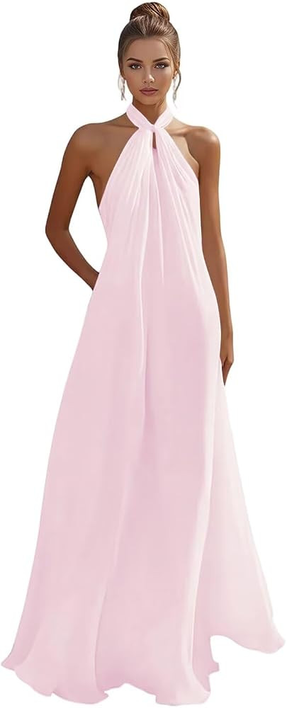 Halter Pleated Prom Dresses 2026 Chiffon Long Bridesmaid Dresses Flowy Formal Maxi Gown for Women | Amazon (US)