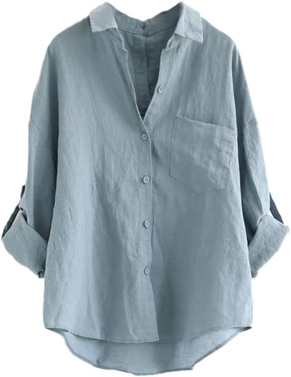 Minibee Women's Linen Blouse High Low Shirt Roll-Up Sleeve Tops | Amazon (US)