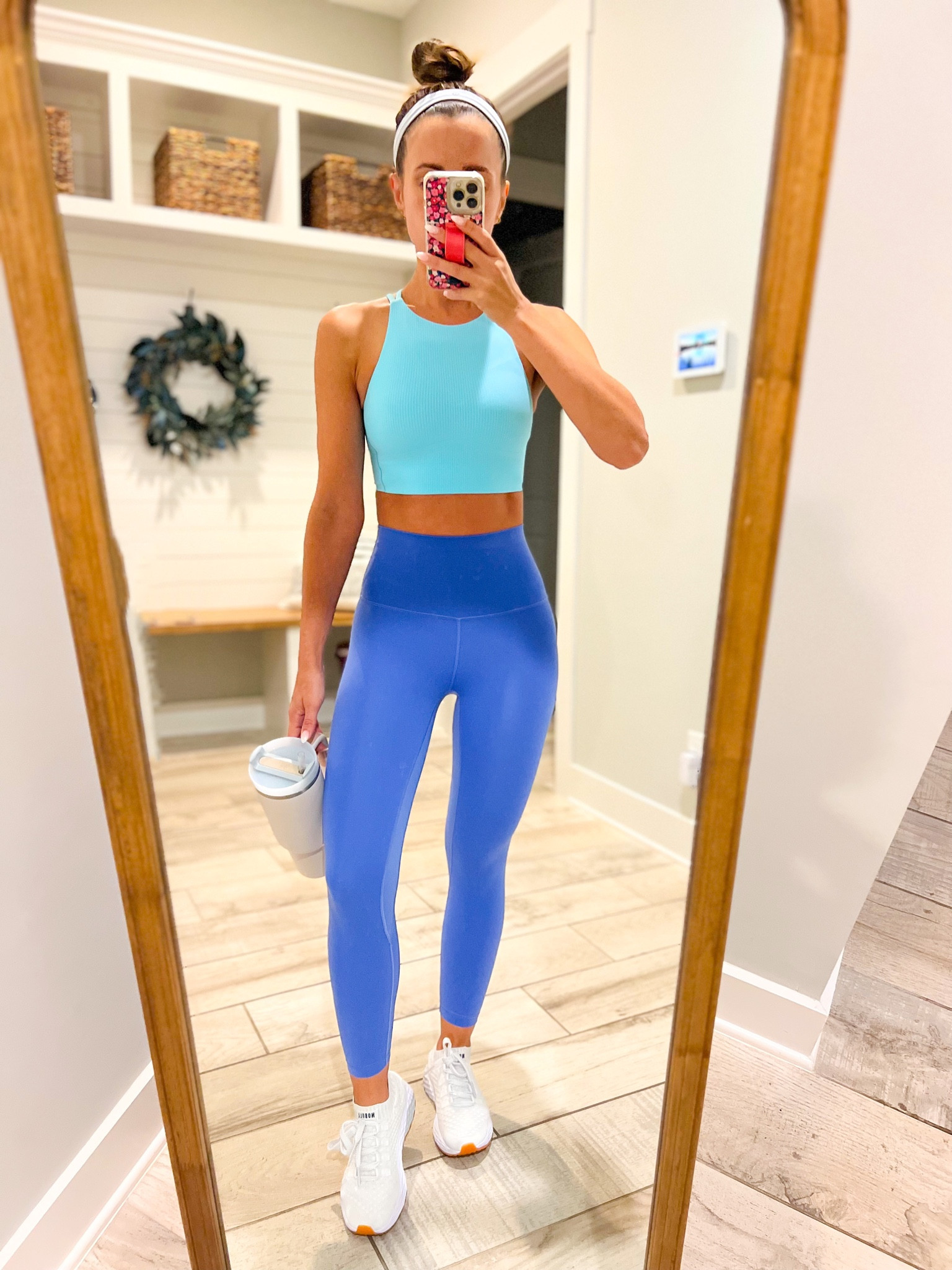 Lululemon high neck like a cloud sports bra (sz 4, cyan blue). Lululemon align leggings 23” (sz 0, wild indigo). NOBULL knit runners (TTS). Workout outfit. Travel shoes. White sneakers. 

#LTKshoecrush #LTKFitness #LTKunder100