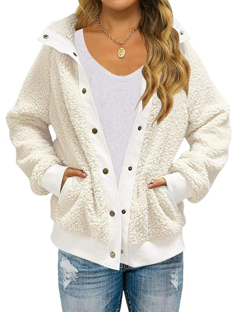 Womens Winter Sherpa Fleece Button Jacket Coat Loose Long Sleeve Outwear with Pockets | Amazon (US)