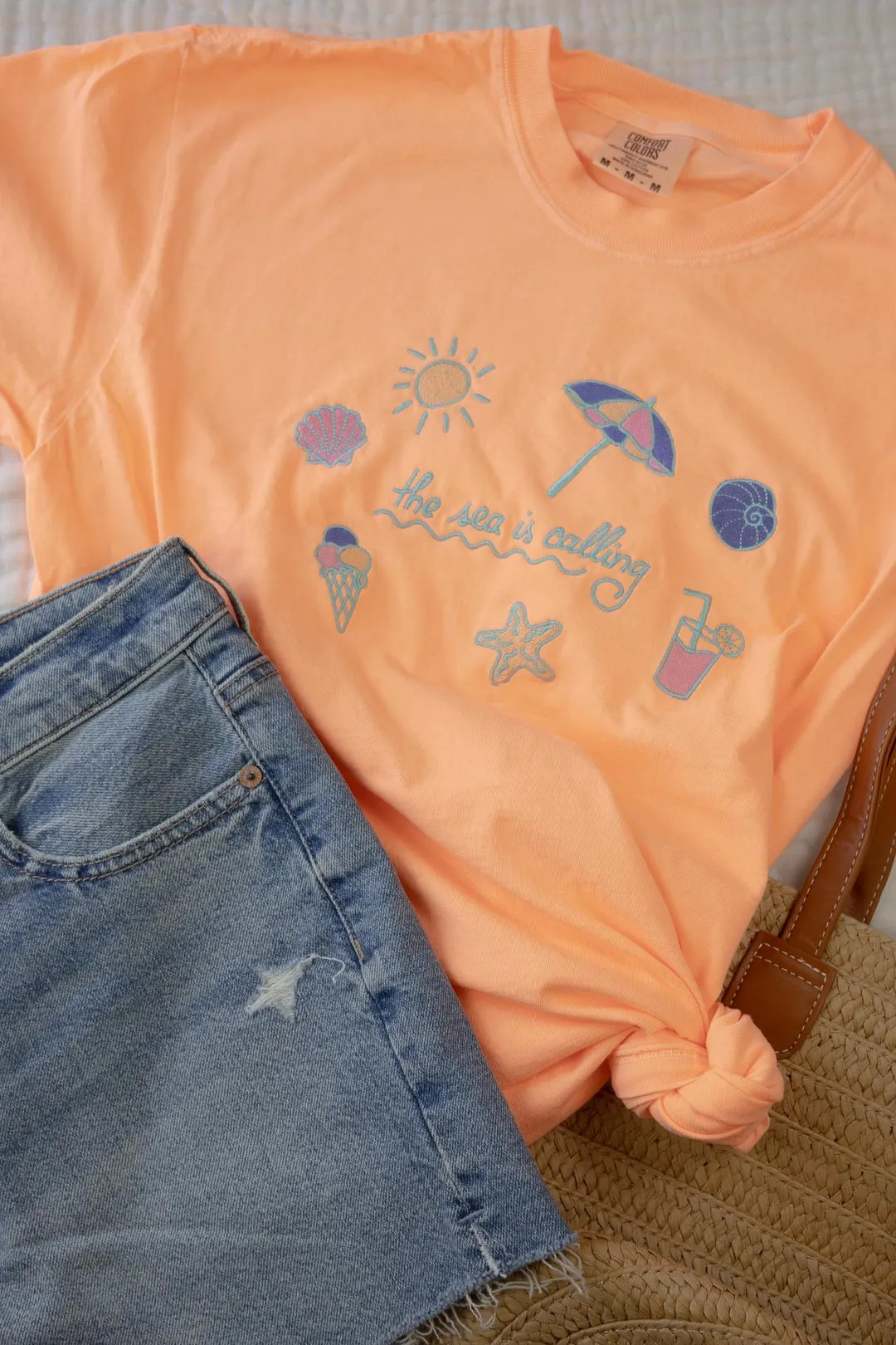 The Sea is Calling and I Must Go Embroidered Icon Tee - Neon Comfort Colors Short Sleeve Shirt - ... | Etsy (US)