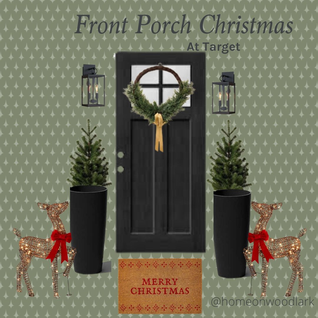 Front door decorated for Christmas mood board.  

Christmas door mat.  Black planters.  Faux Christmas trees.  Black outdoor lights.  Christmas Target wreath.  Outdoor Reindeer.  Target outdoor Christmas decorations.  

#LTKSeasonal #LTKHome #LTKHoliday