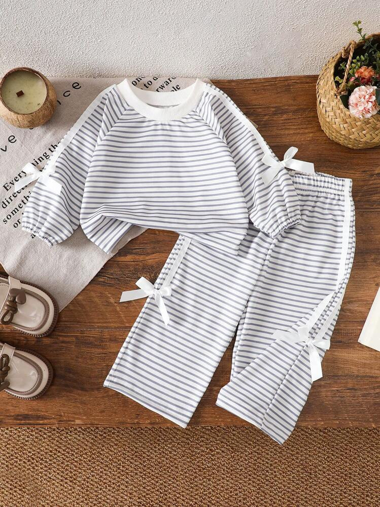 2pcs Baby Girls' Casual Stripe Round Neck Bow Top And Bow Stripe Pants Set, Suitable For Outdoor Autumn/Winter | SHEIN