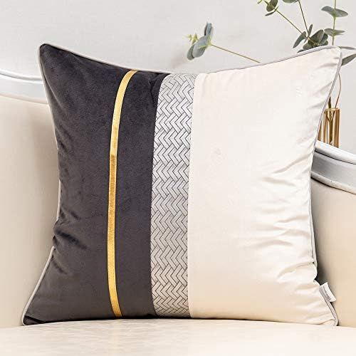 Yangest Dark Grey Patchwork Velvet Throw Pillow Cover with Gold Striped Leather Cushion Case Mode... | Amazon (US)