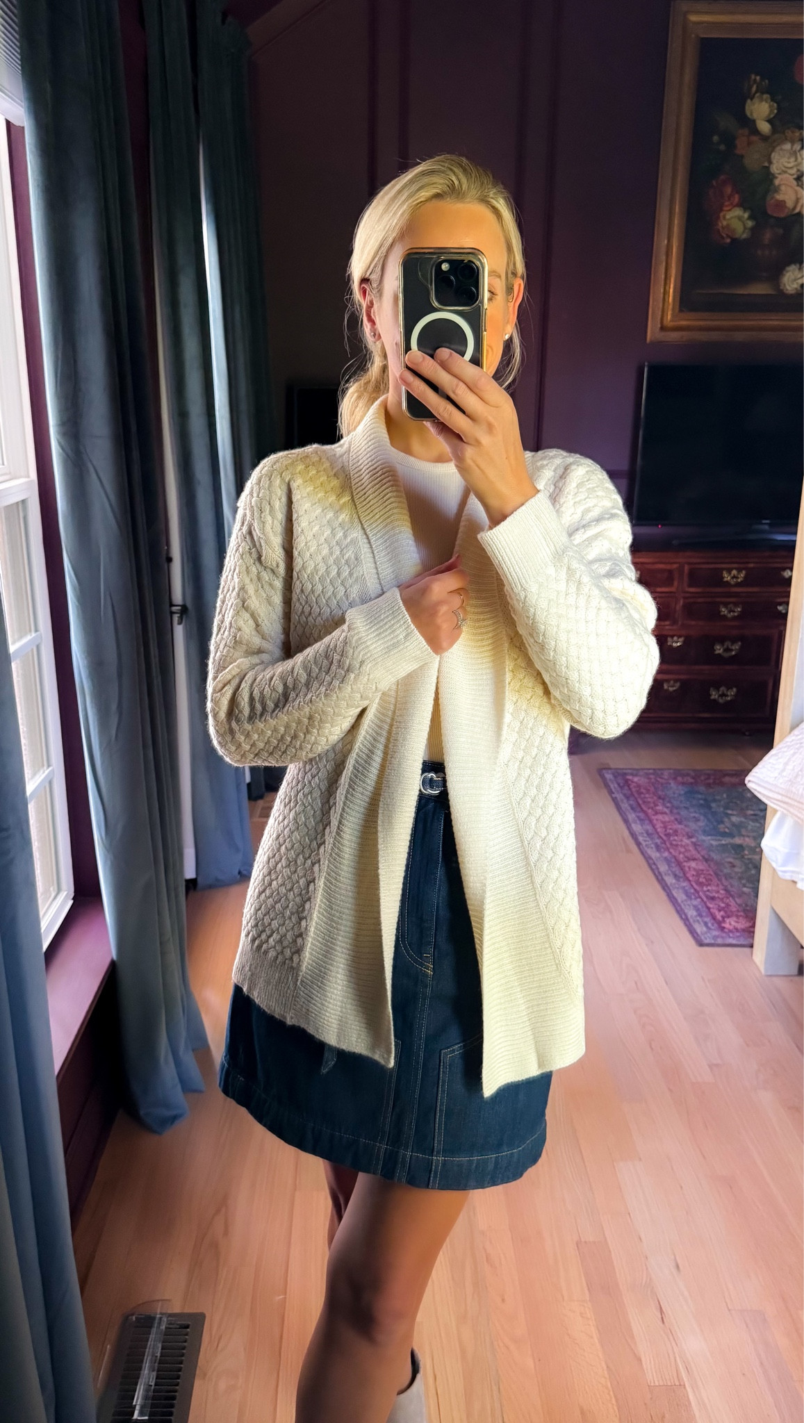 Amazon fall outfit cardigan coat jacket sweaters jean skirt denim skirt casual outfit nuuds rib top tshirt boots booties