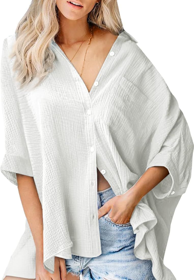 Astylish Womens Oversized Button Down Shirts 3/4 Sleeve Blouse Textured Shirt | Amazon (US)
