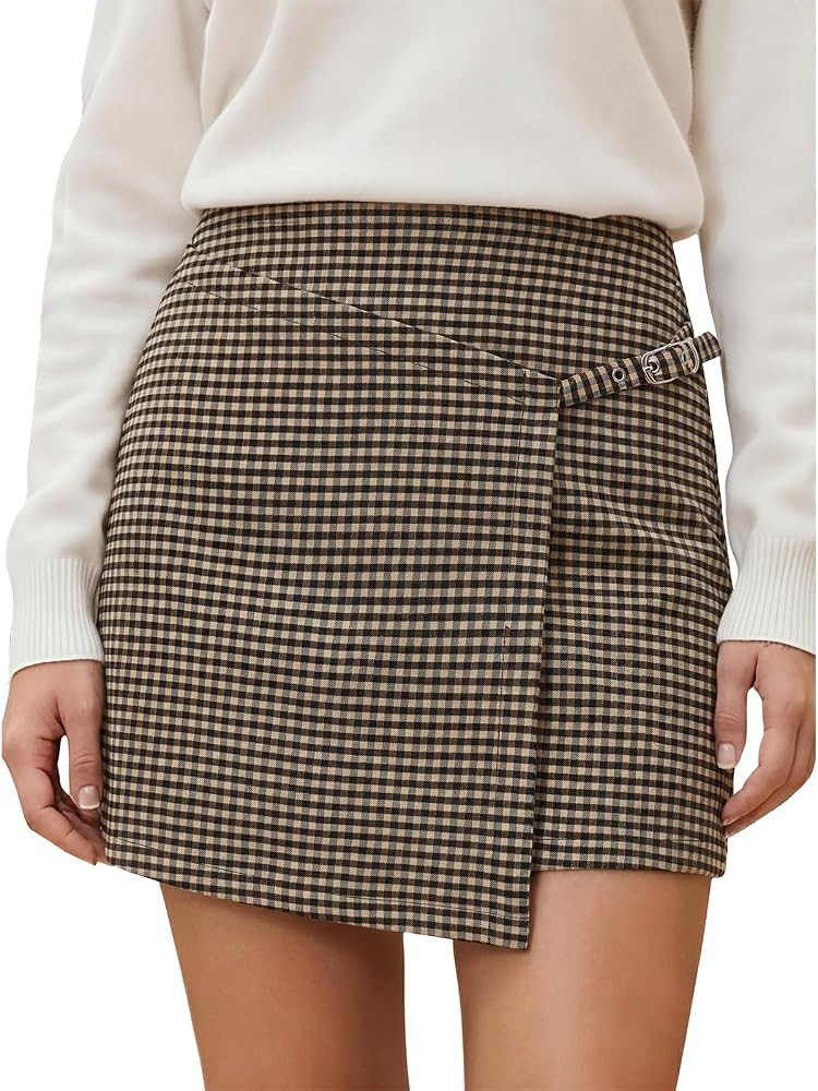 EXLURA Women's Fall Winter Plaid Mini Skirt Y2K Asymmetrical Bodycon Skirts | Amazon (US)