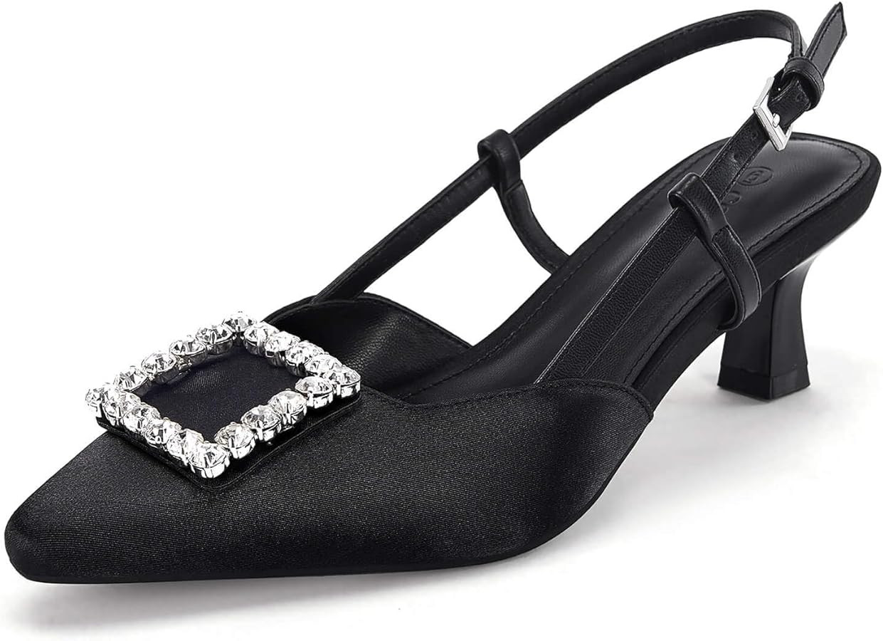 Coutgo Womens Slingback Low Kitten Heels Pumps Closed Pointed Toe Rhinestone Wedding Dress Shoes | Amazon (US)