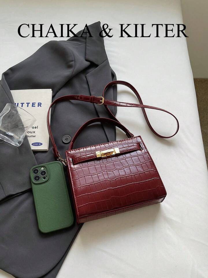 1pc CHAIKA & KILTER Solid Color PU Leather Handbag, Women Fashion Textured Stone Cube Tote Bag With Strap Decor Metal Lock, Top Handle Single-Handed, Zipper Closure, Detachable Adjustable Shoulder Strap, Suitable For Daily Commuting, Best Mother's Day Gifts Women | SHEIN
