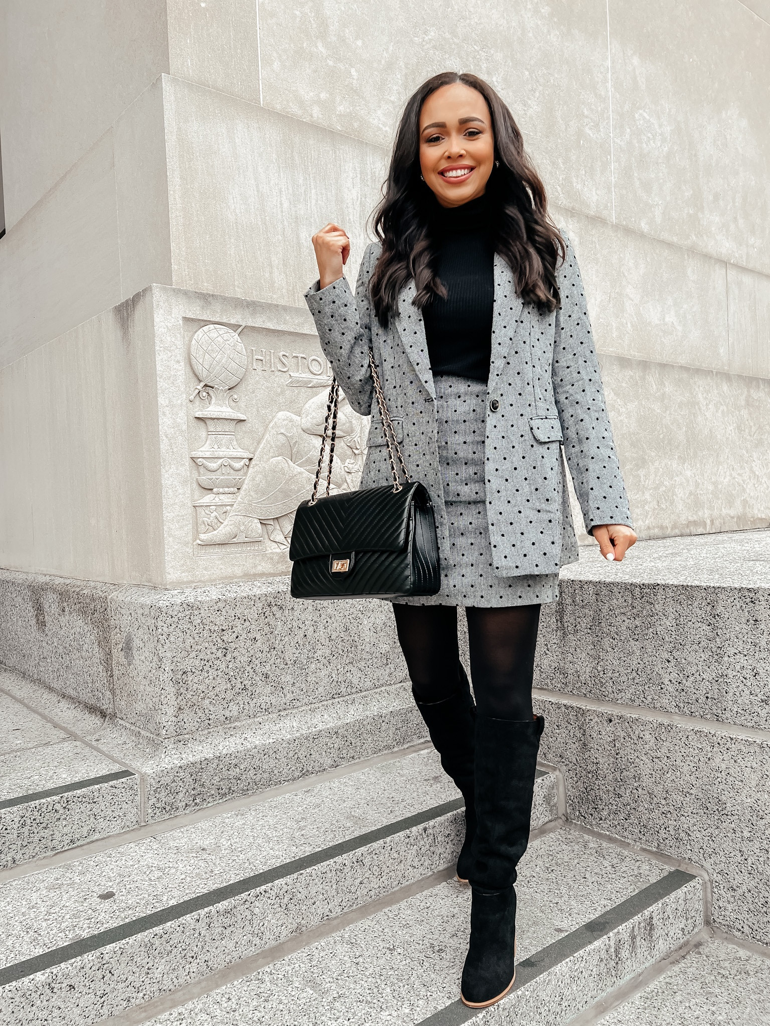 Discount code SARAH_JUDE for 20% off my polka dot blazer set! Wearing a size small in blazer & small in mini skirt. Both fit true to size. 

#LTKworkwear #LTKunder100 #LTKHoliday