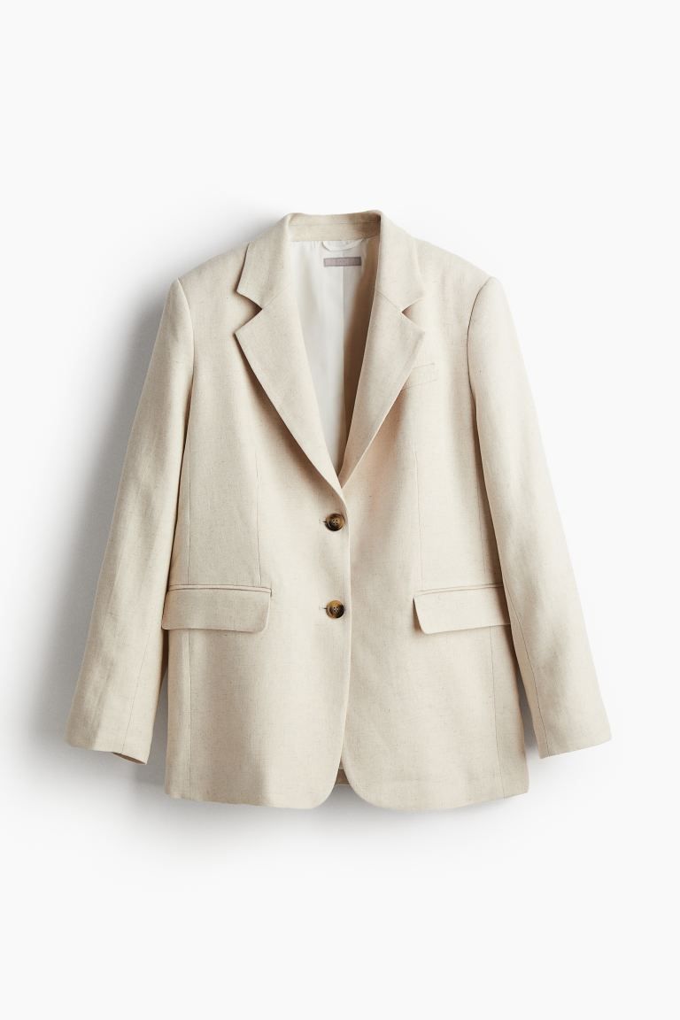 Linen-blend twill blazer - Long sleeve - Regular length - Light beige - Ladies | H&M GB | H&M (UK, MY, IN, SG, PH, TW, HK)