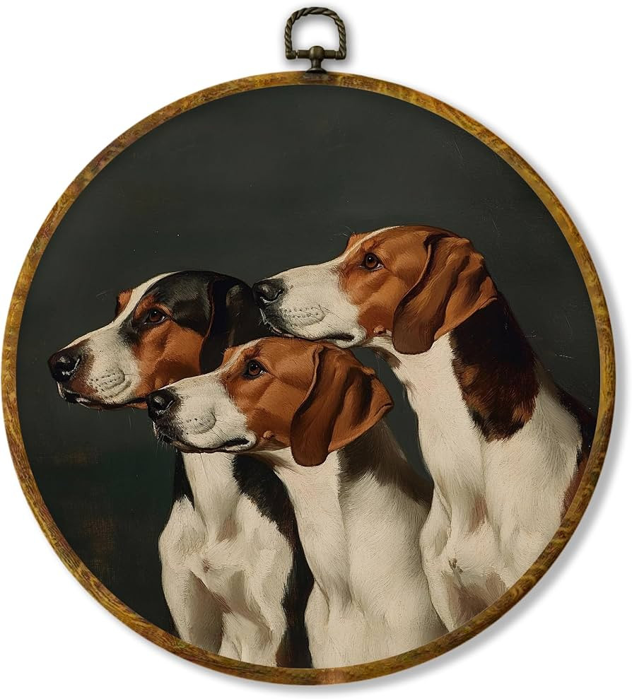 Hiuwevt Hound Dog Round Wall Art Decor, Whimsical Dark Moody Three English Foxhounds Framed Canva... | Amazon (US)
