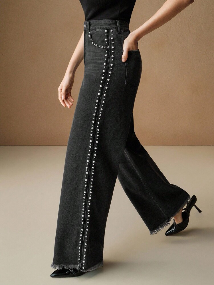 Anewsta Elegant Fashion Straight-Leg Jeans With Blue Beaded Decoration | SHEIN