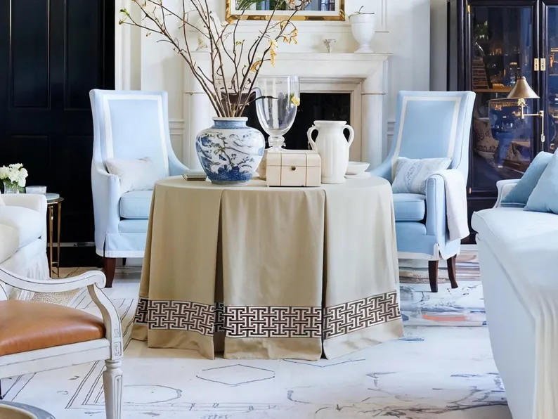 Custom Pleated Table Skirt With Decorative Trim,round Table Skirt,cotton Linen Table Skirt,pleate... | Etsy (US)