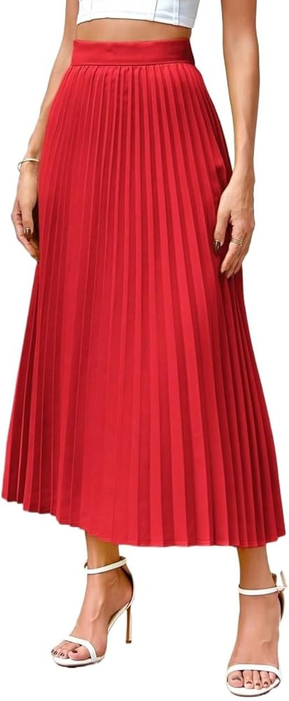 Women's Long Skirts Solid Color Casual Pleated Skirt High Waist Club Skirt, Medium, Red | Amazon (US)