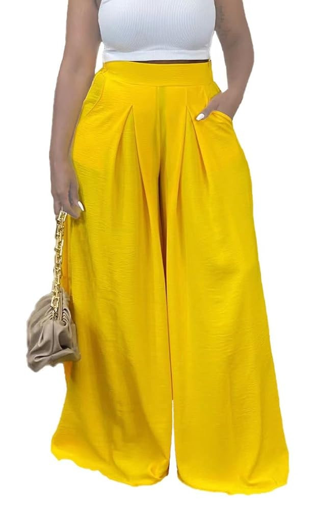Flowy Pants for Women Casual High Waisted Wide Leg Palazzo Pants Trousers with Pocket Plus Size | Amazon (US)