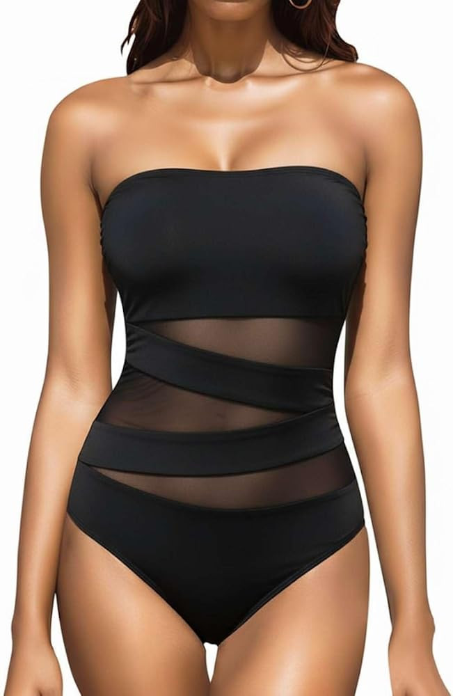 Holipick Women Strapless Bandeau One Piece Swimsuits Sexy Mesh Cutout Bathing Suits Tummy Control... | Amazon (US)