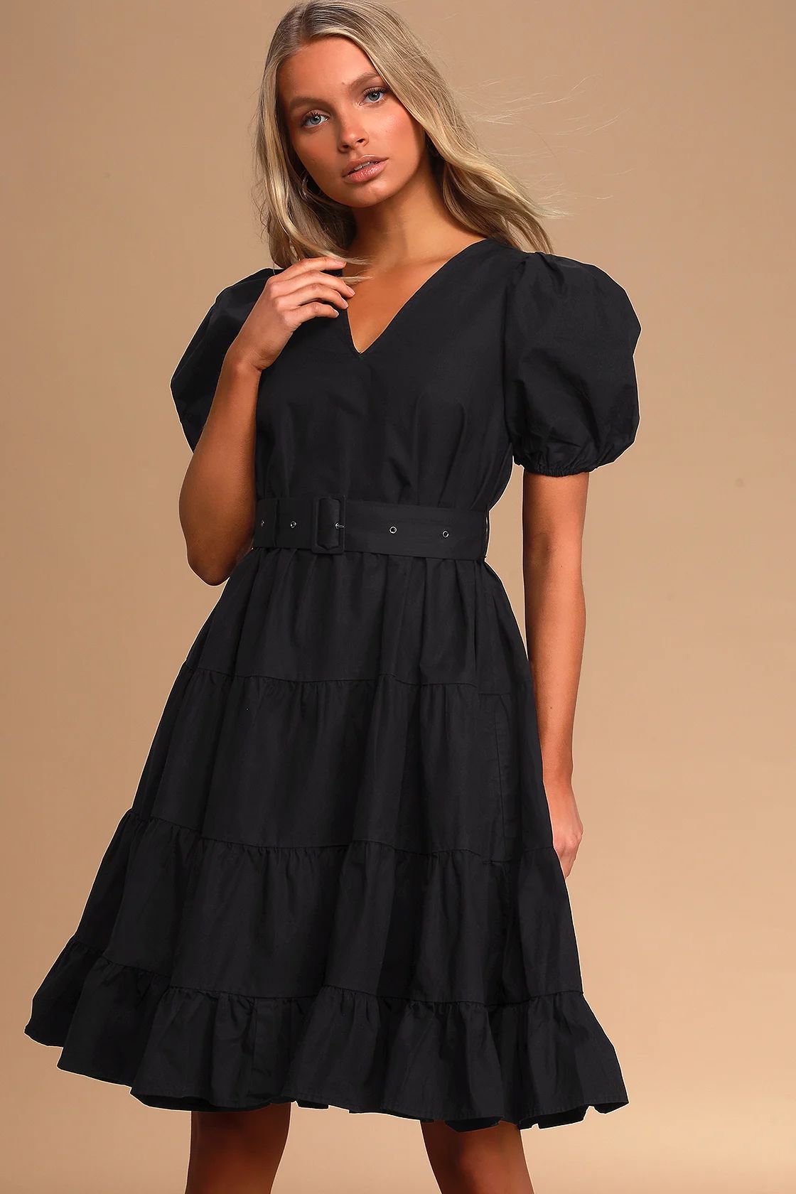 Ruby Black Puff Sleeve Belted Tiered Midi Dress | Lulus