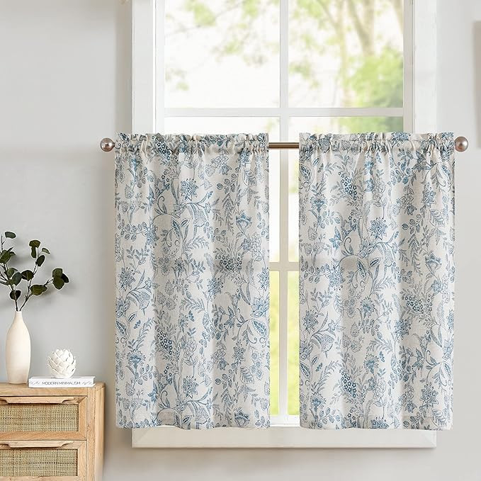 Lazzzy Kitchen Curtains Tier Curtains Linen Curtains Farmhouse Floral Blue Kitchen Cafe Curtains ... | Amazon (US)